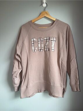 Maurices Cozy Sweatshirt Womens Large Pink Plaid Graphic Crewneck Ribbed Casual